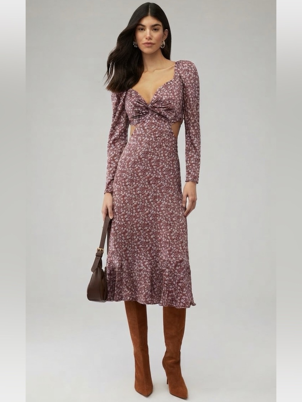 ASTR The Label Lainie Dress Floral Cutout Midi Sz S Puff Sleeve Lavender Brown